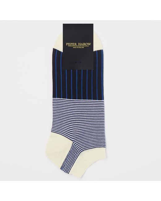 Peper Harow - Made in England Blue Multistripe & Oxford Stripe Trainer Socks Bundle for men