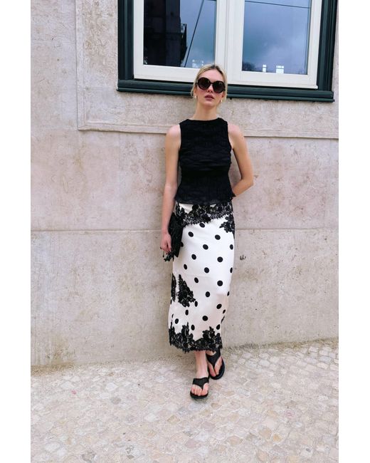 Amy Lynn Natural Verona Contrast Polka Dot Satin Midi Skirt