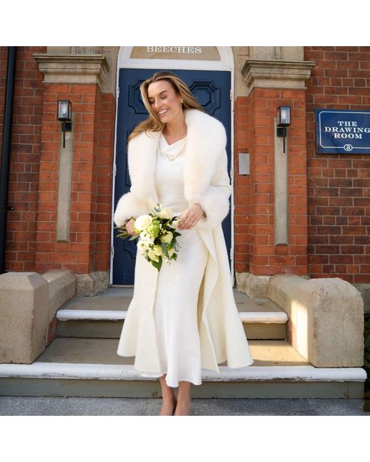 Hortons England White Westminster Cashmere Peplum Coat Faux Fur Ivory