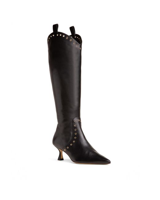 Beautiisoles by Robyn Shreiber Made in Italy Black Vanesa Leather Knee-High Boot With Studs & Kitten Heel Elegant For Work & Valentine Day