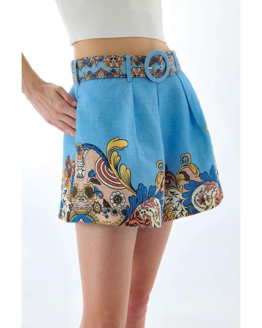 We Are Kindred Blue Evelyn Linen Belt Shorts-Aquamarine Floral