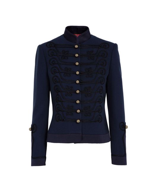 The Extreme Collection Blue Fitted Navy Premium Crepe Mao Collar Blazer With Golden Buttons Spezia