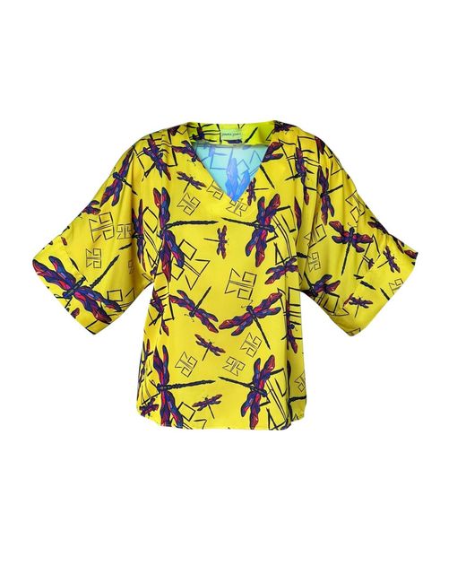 Janara Jones Yellow Dragonfly Print Satin V-Neck Oversized Top
