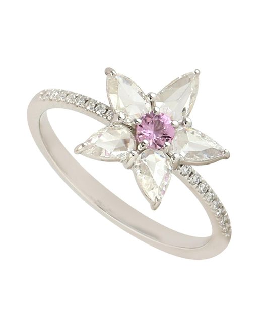 Artisan Pink Sapphire & Natural Rose Cut Diamond In 18k White Gold Floral Ring