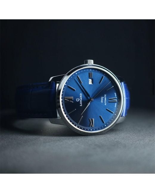 Lonard Watches Blue Dressy Soleil Sellita Sw Automatic Movement Swiss Exposed Case Back for men