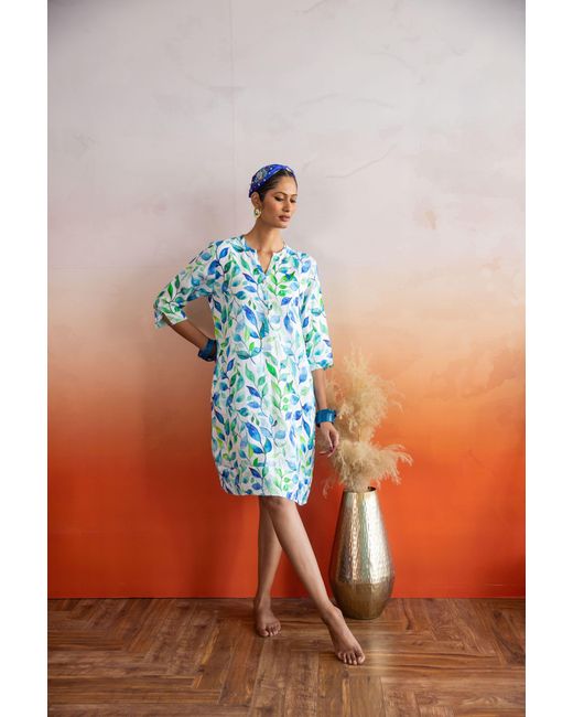 NoLoGo-chic Blue Sea Crest Print Tunic Classic Dress Linen