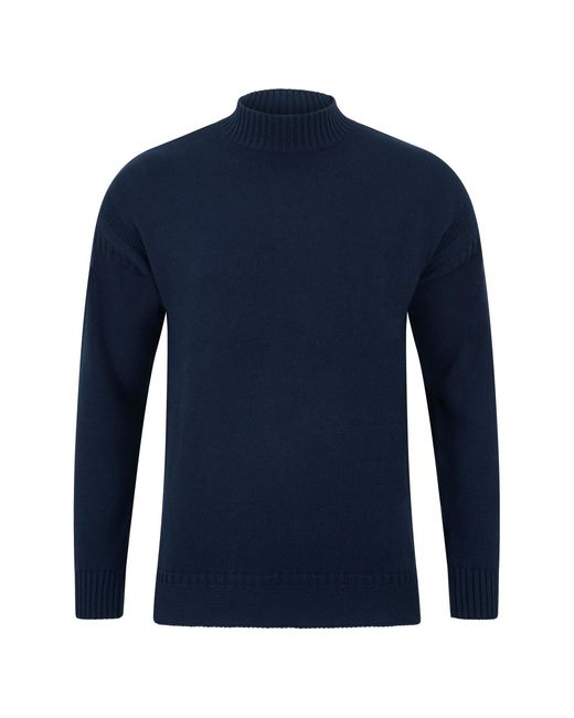 Paul James Knitwear Blue Midweight Cotton Linen Sark Mock Neck Gansey Jumper for men