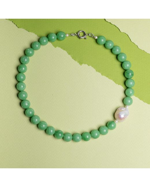 Silver Moon Green Sterling Necklace Whisper With Gemstones, Natural Seed Pearls And Baroque Pearl