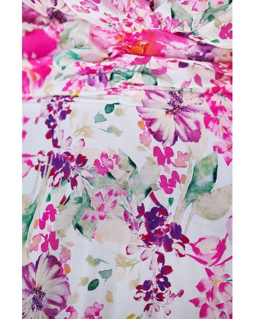 Yumi' Pink Mirror Floral Print Ruched Waist Kimono Midi Dress
