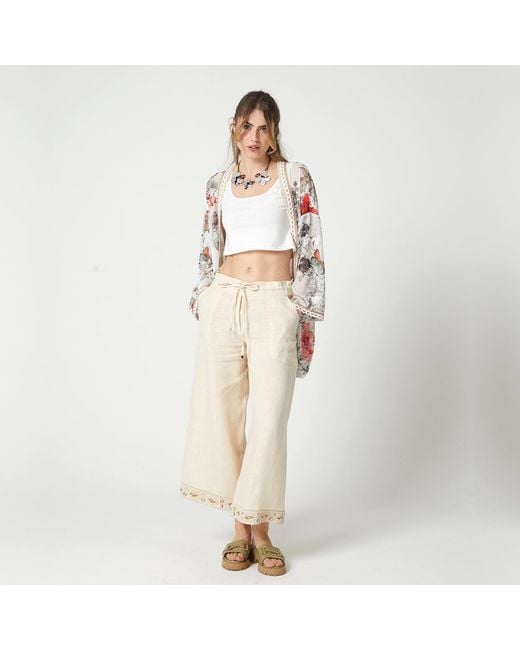 Lalipop Design Natural Neutrals Sequin-Embellished Hem Detailed Cropped Linen Pants