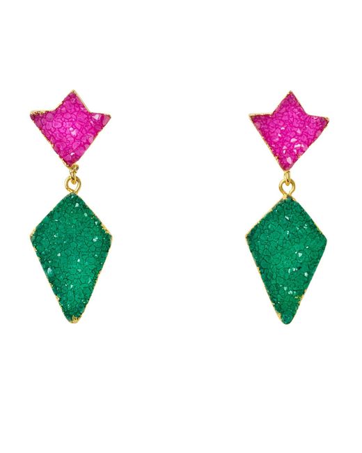 YAA YAA LONDON Princess Pink Green Druzy Gold Earrings
