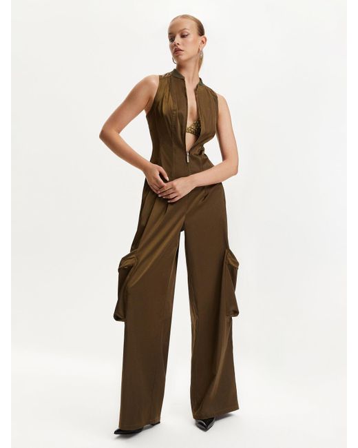 Nocturne Green Multi-pocket Satin Jumpsuit