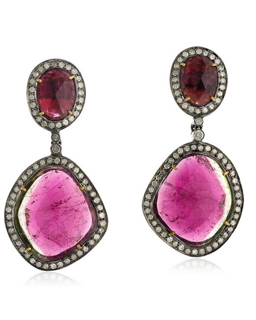 Artisan Pink Oval Tourmaline & Diamond In 18k Gold 925 Silver Dangle Earrings