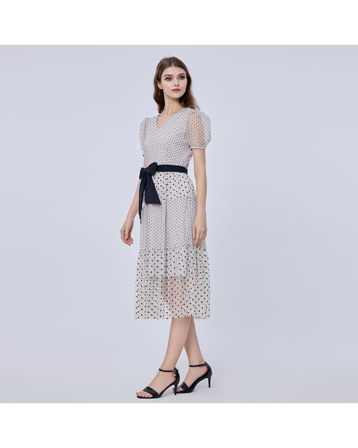 Smart and Joy White Tulle Dress With Polka Dot And Balloon Sleeves