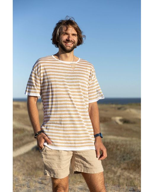 SALANIDA White Energia Ripped Linen T-Shirt Caramel Striped