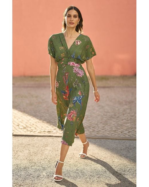 Yumi' Green Bird And Floral Print Ruched Waist Kimono Midi Dress