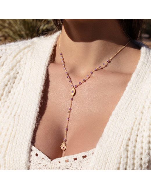 Karma and Luck Metallic Amethyst Evil Eye Hamsa Lariat Necklace – Protection & Peace Jewelry – Peace Of Spirit
