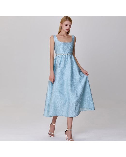 Smart and Joy Blue Fit-And-Flare Textured Jacquard Dress