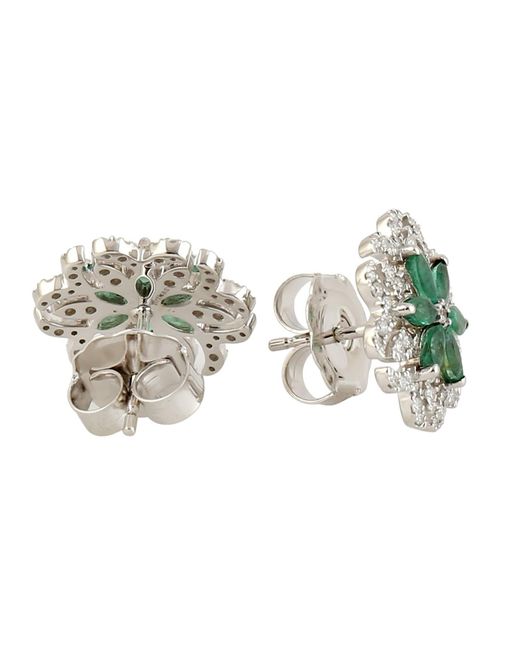 Artisan Green Solid White Gold Natural Diamond Emerald Stud Earrings Handmade Jewelry