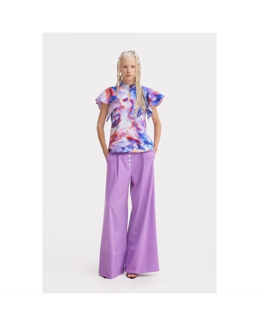 Julia Allert Blue Stand Collar Ruffle Sleeve Blouse – Fish Print