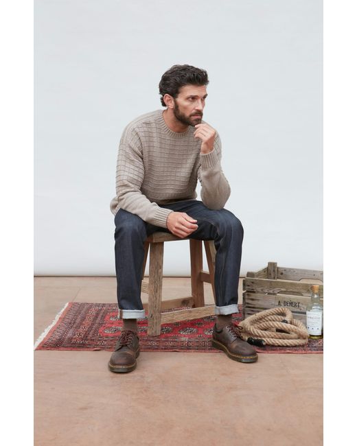 Paul James Knitwear Gray Midweight Cotton Sennen Grid Knit Gansey Jumper for men