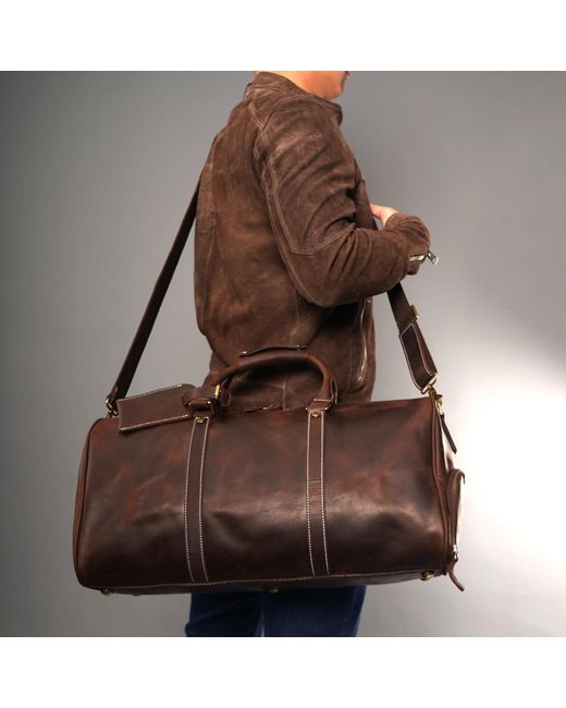 Touri Brown Leather Over Night Bag With Shoe Storage for men