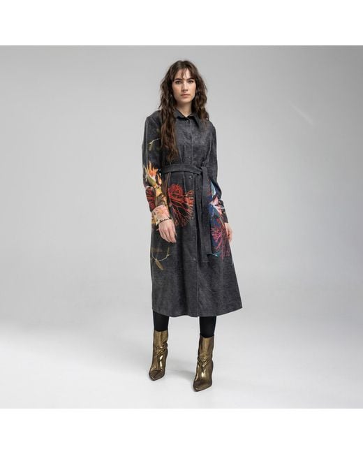 ARTISTA Black Beauty Washed Corduroy Floral Printed Shirt Dress