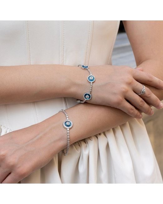 Spero London Blue Round Bezel Evil Eye Sterling Tennis Bracelet