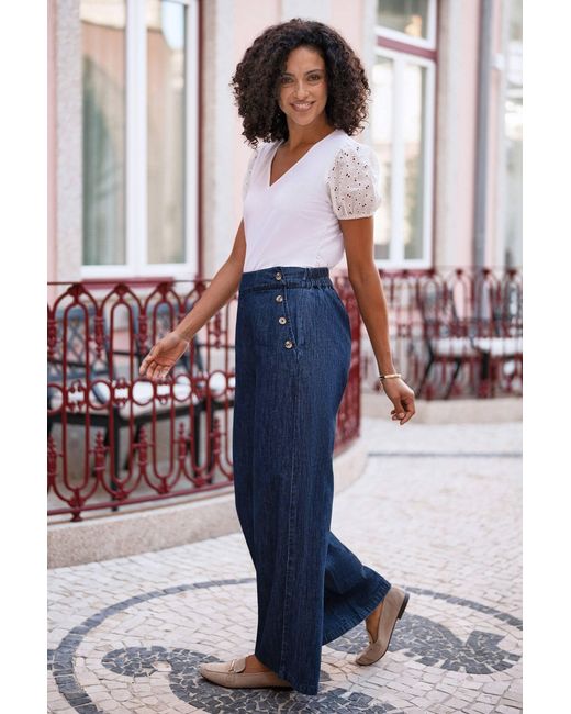Yumi' Blue Chambray Wide Leg Trousers With Button Details