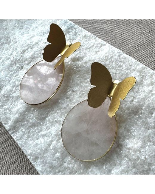 Rare Matters Jewelry Brown Spring Butterfly Rose Quartz Statement Earrings