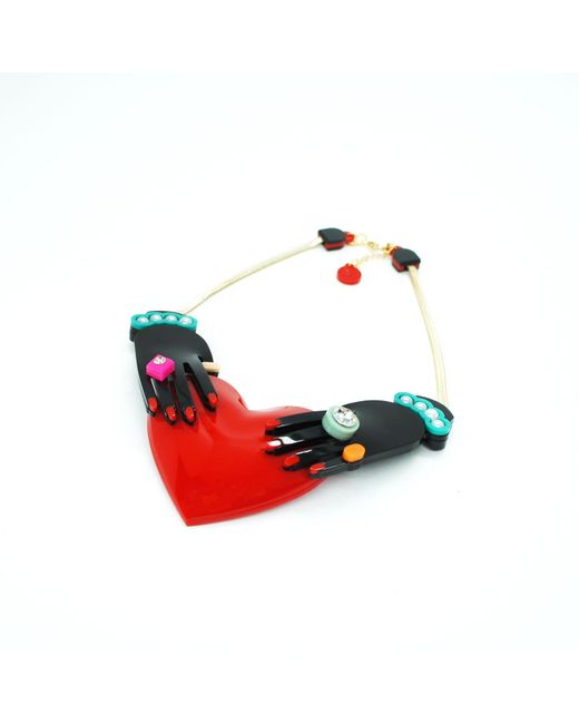 Gissa Bicalho Red Handmade Acrylic Chocker Necklace Hands And Heart