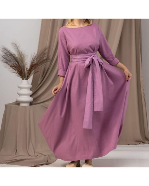 Nikka Place Pink Oversized Linen Maxi Dress With Belt And Bracelet Sleeves