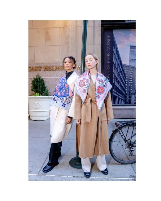Jessie Zhao New York Blue Double Sided Wool Silk Scarf Of Flower Imagination
