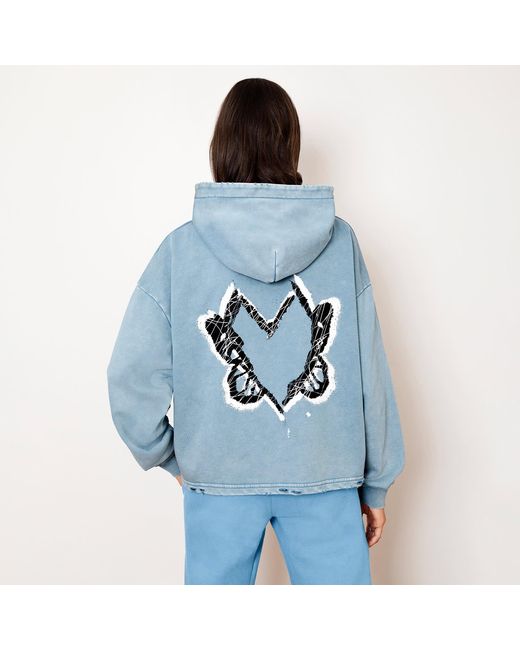 X Ilona Blue Blue Heart With Wings Mist Signature Streetware Distressed Hoodie