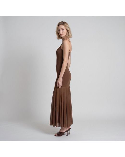 Modenaire Brown Sheer Mesh Maxi Dress With Spaghetti Straps