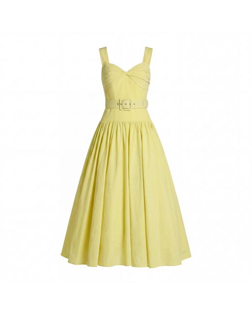 Mac Duggal Yellow Sleeveless A-Line Midi Dress With Belt