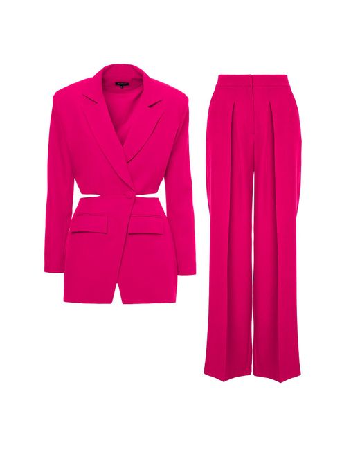 BLUZAT Pink Fuchsia Suit With Blazer With Waistline Cut-out And Ultra Wide Leg Trousers