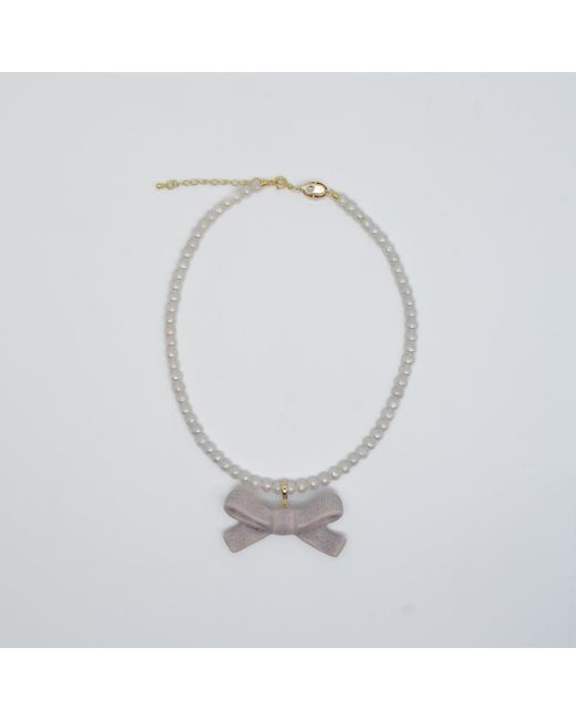 H2 Studio Metallic Bowtie Maniac Medium Ceramic Ribbon Bowtie Round Baroque Freshwater Pearl Necklace Rose Rock