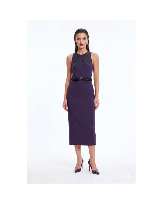 Monosuit Purple Sleeveless Crew Neck Backless Lace Belted Bodycon Evening Midi Dress Politically Correct