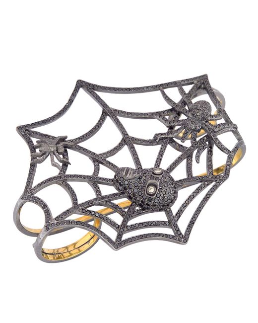 Artisan Metallic Pave Diamond Gold 925 Silver Spider Skull Design Four Finger Ring Jewelry