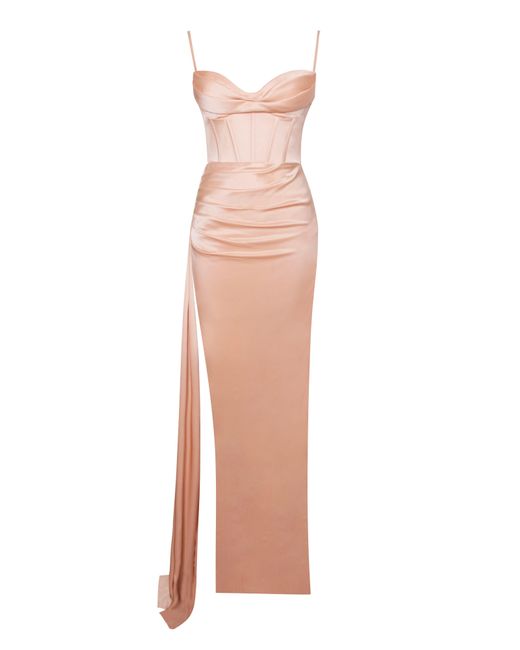 Miss Circle New York Multicolor Elayna Blush Strappy Satin Corset High Slit Gown