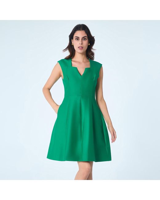 Smart and Joy Green Fit-And-Flare Satin Short Dress Square V Neckline