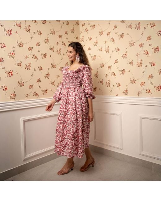 Echo of Pink Pink Portia Smoked Hand Block Print Cotton Floral Midi Dress