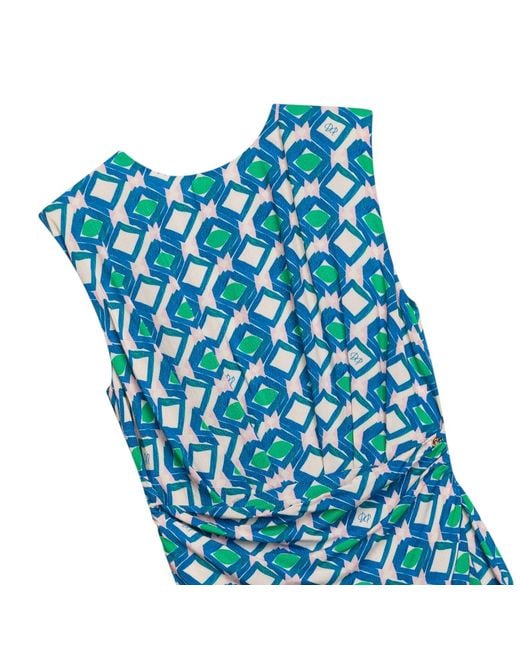 Niza Blue Eda Printed Midi Dress With Round Neckline And Shoulder Pads