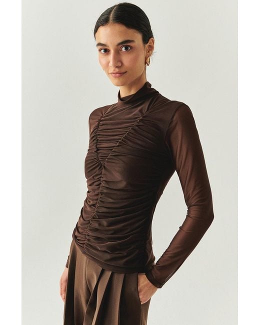 Exquise Black Drew Blouse Draped Mesh Turtleneck Blouse