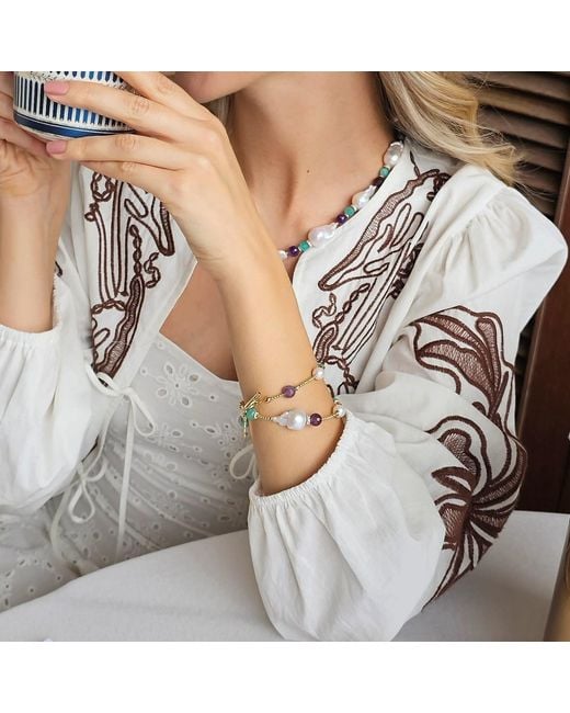 Farra Blue Baroque Pearls With Amazonite & Amethyst Double Layers Bracelet Choker