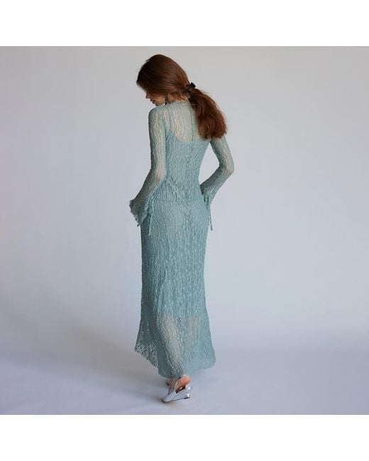 Belsize25 Blue Trumpet Dress Flared Sleeve Sheer Lace Knit Dress