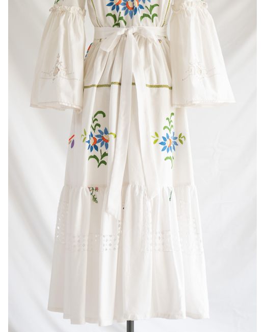 Sugar Cream Vintage White Re-design Upcycled Ruffle Necked Vibrant Floral Maxi Dress