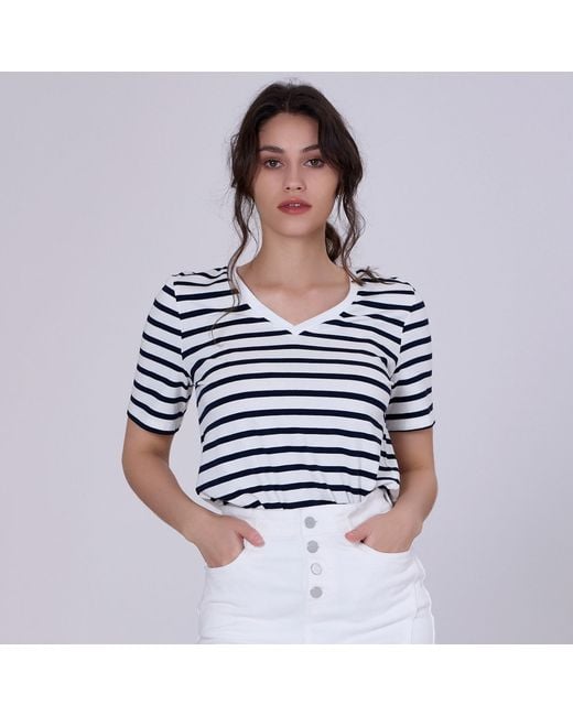 Smart and Joy Blue V Neck Stripes Cotton T-Shirt
