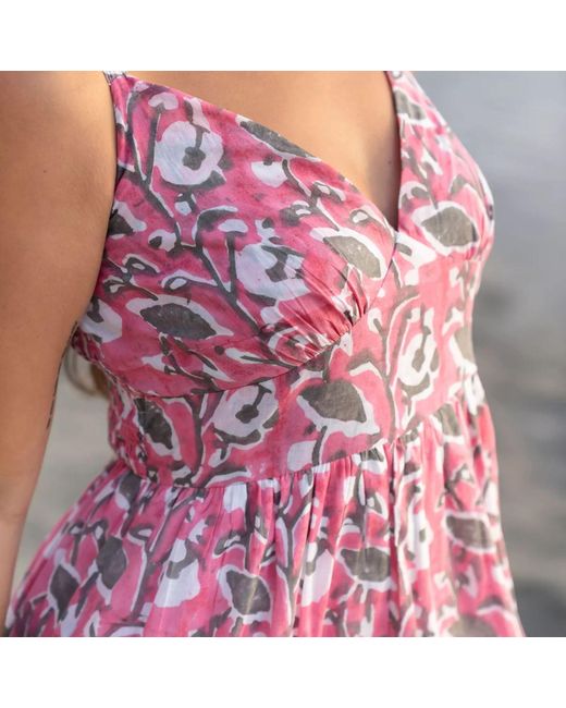 House of Gl Pink Elira Cotton Sweetheart Neckline Midi Dress With Smocked Back